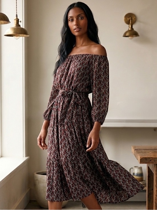 Lulus Dresses & Skirts - Lulus Off Shoulder Floral Midi Dress Boho Cottagecore Long Sleeve S